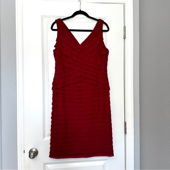 ADRIANNA PAPELL| Sleeveless Empire Waistline Tiered Dress | Red | Size: 14 - Picture 2 of 14